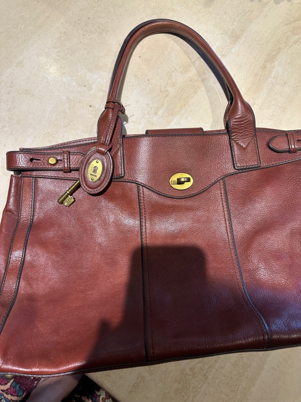 Fossil Brown Leather Tote with Gold Hardware